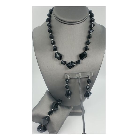 Vtg Trifari Black Bicone Beaded Geometric Necklace, Bracelet, and Earrings Set - Picture 2 of 9